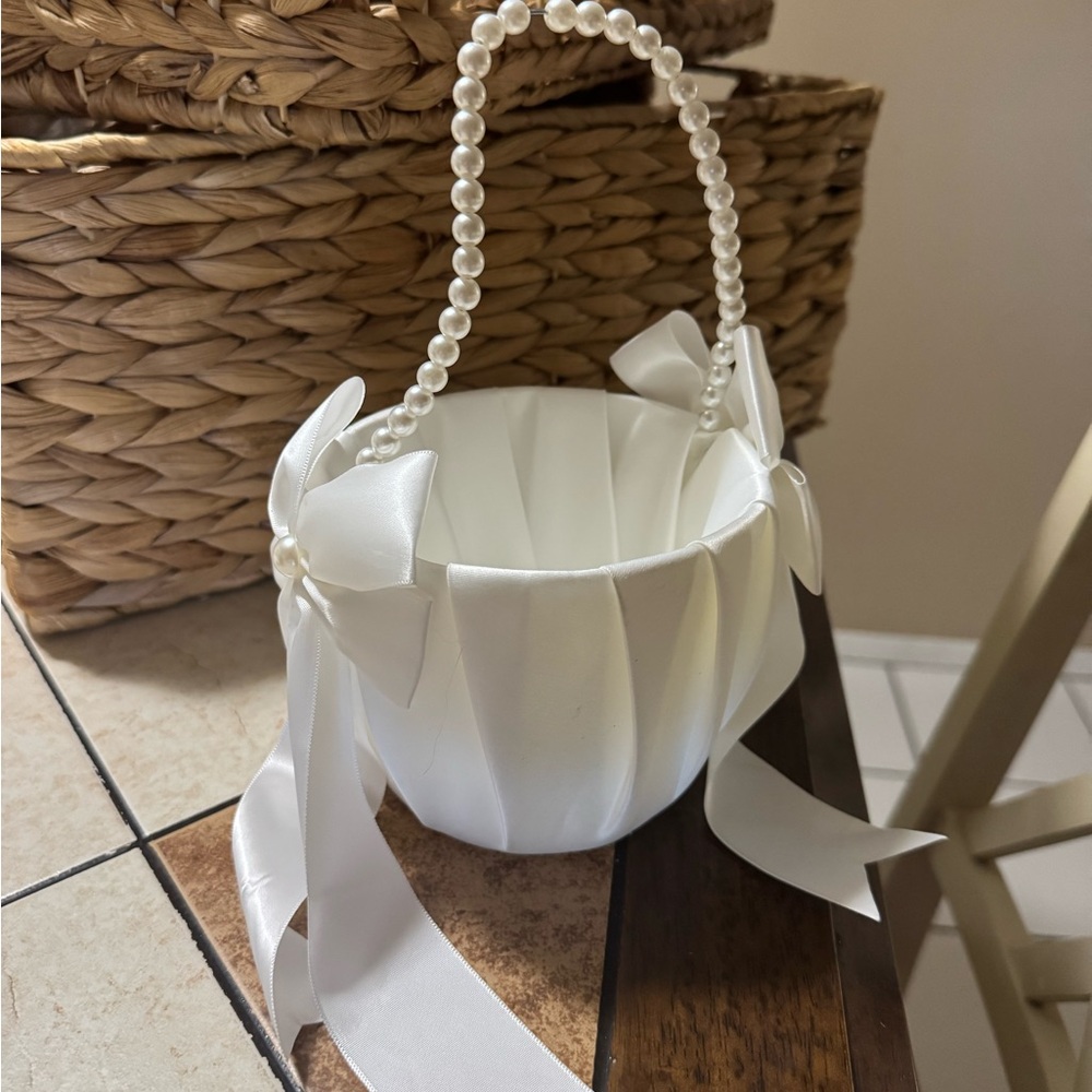 Elegant White Satin Basket with Pearl Handle